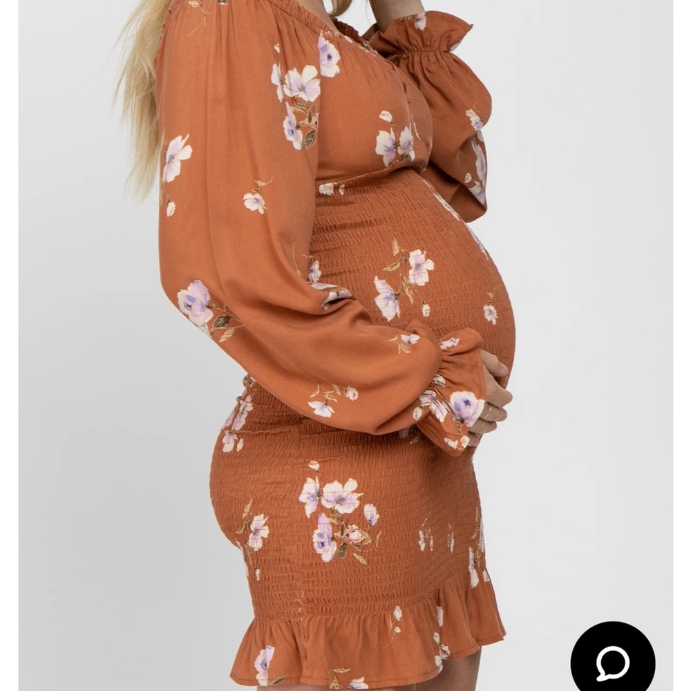 Pink Blush Camel Floral Long Sleeve Smocked Maternity Mini Dress NWT